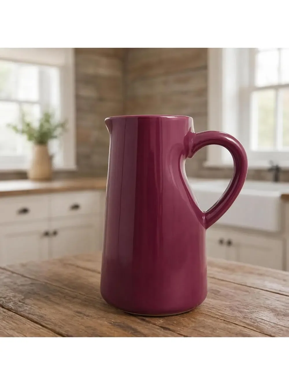 Burgundy Maroon Ceramic Pitcher Jug Heart Handle Vase 6.5